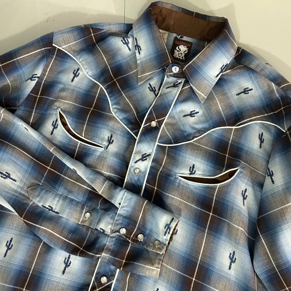 Vintage Karman Mens Western Pearl Snap Shirt Blue Plaid Cactus Large
